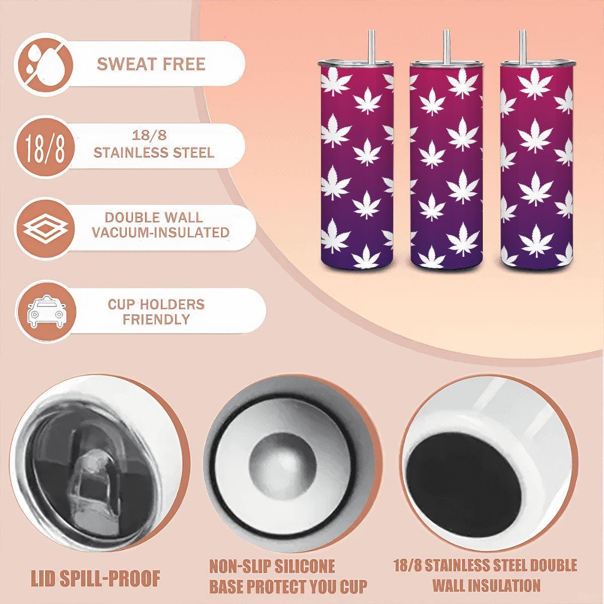 ColorFlow | Magenta Dream Leaf Tumbler 20oz | Purple Gradient Cannabis Steel Cup | Weed Gift for Stoner Women-4