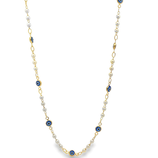 Evil Eye Charm Triple Pearl Link Bracelet (I235A)